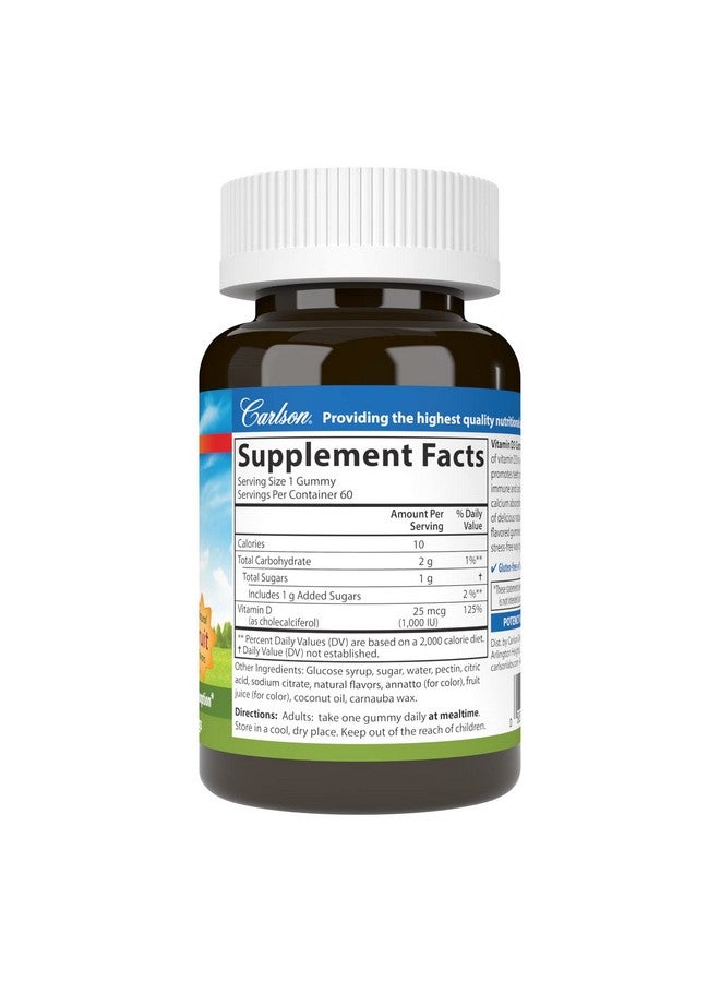 Carlson Vitamin D3 Gummies 1000 Iu (25 Mcg) Bone Health Immune Support & Calcium Absorption Natural Fruit Flavors 60 Vegetarian Gummies - Image 3