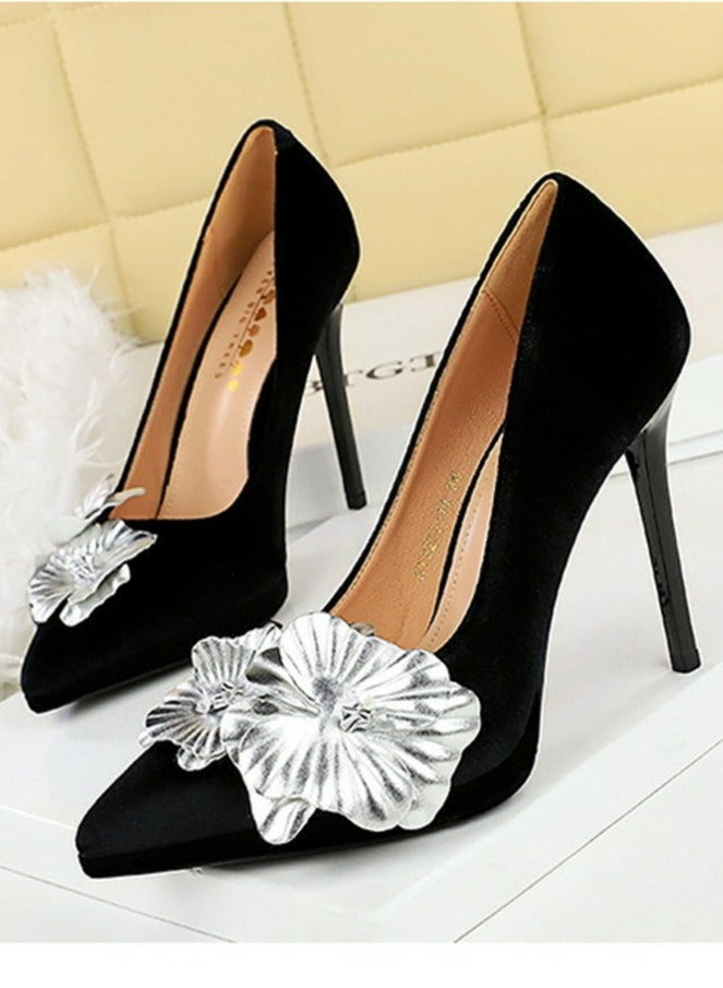 BIGTREE Women's Suede Closed Pointed Toe Stiletto Pump Floral Decoration Elegant High Heels Black 11CM  - Image 1