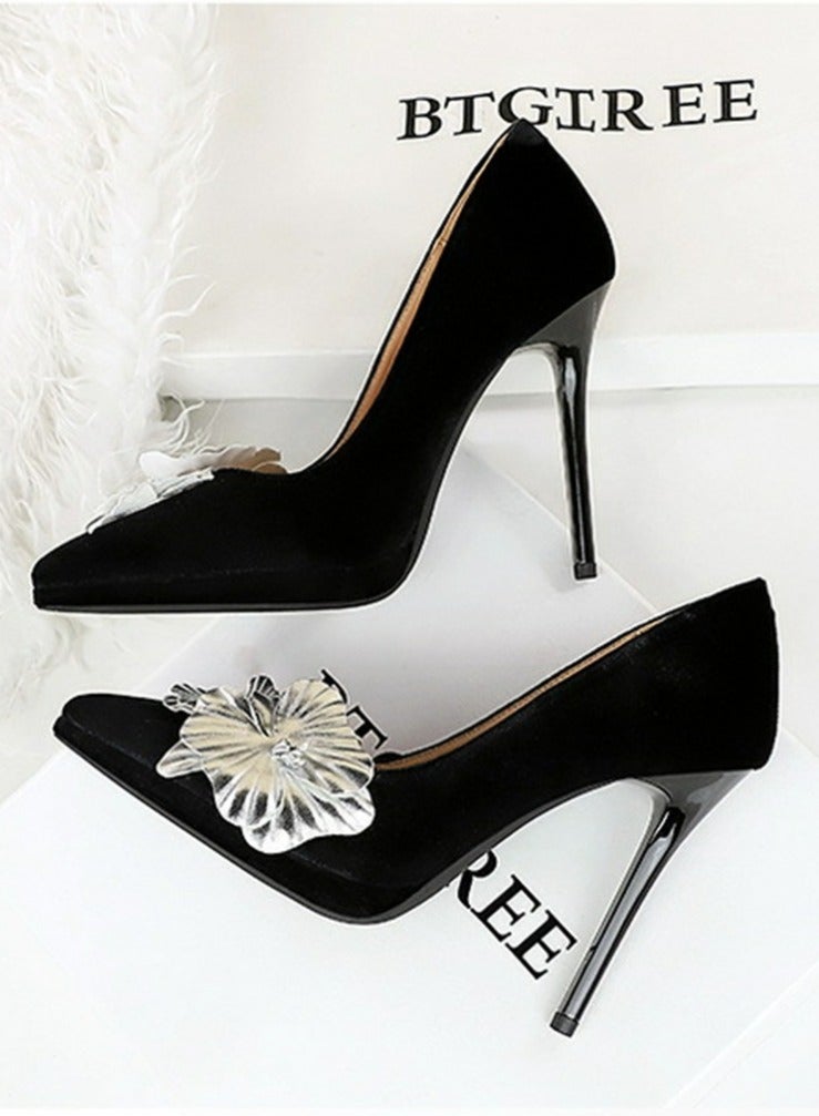 BIGTREE Women's Suede Closed Pointed Toe Stiletto Pump Floral Decoration Elegant High Heels Black 11CM  - Image 3