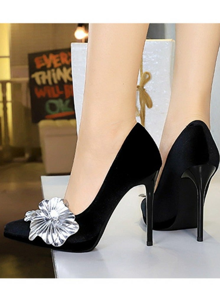 BIGTREE Women's Suede Closed Pointed Toe Stiletto Pump Floral Decoration Elegant High Heels Black 11CM  - Image 5