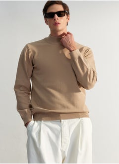 Men's Camel Regular Fit Half Turtleneck Viscose Soft Limited Edition Basic Knitwear Sweater