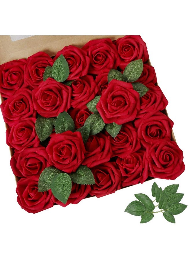 AmyHomie - AmyHomie Artificial Flower Dark Red Rose 25pcs Real Looking Fake Roses w/Stem for DIY Wedding Bouquets Centerpieces Arrangements Party Baby Shower Home Decorations - Image 1