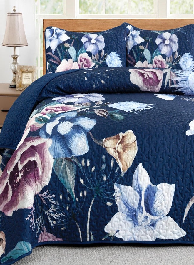 Drucon Blue Floral Quilt Set King Size 3 Pieces Blue Botanical Flower Quilt Coverlet Set Soft Microfiber Lightweight Quilted Bedspread for All Season 104"x90" - Image 5
