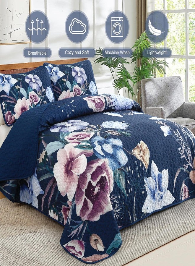 Drucon Blue Floral Quilt Set King Size 3 Pieces Blue Botanical Flower Quilt Coverlet Set Soft Microfiber Lightweight Quilted Bedspread for All Season 104"x90" - Image 2