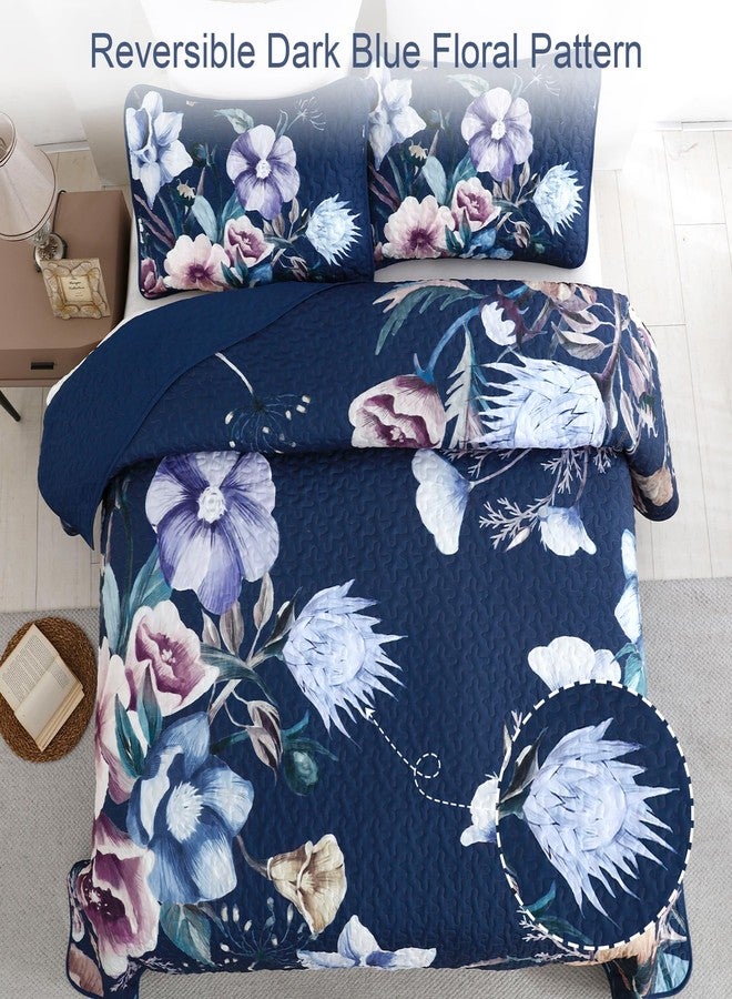 Drucon Blue Floral Quilt Set King Size 3 Pieces Blue Botanical Flower Quilt Coverlet Set Soft Microfiber Lightweight Quilted Bedspread for All Season 104"x90" - Image 3
