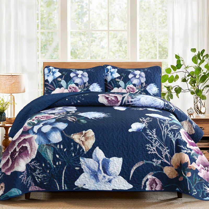 Drucon Blue Floral Quilt Set King Size 3 Pieces Blue Botanical Flower Quilt Coverlet Set Soft Microfiber Lightweight Quilted Bedspread for All Season 104"x90" - Image 1