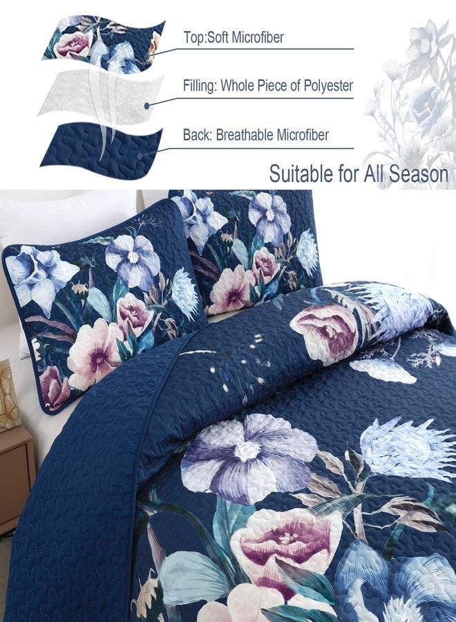 Drucon Blue Floral Quilt Set King Size 3 Pieces Blue Botanical Flower Quilt Coverlet Set Soft Microfiber Lightweight Quilted Bedspread for All Season 104"x90" - Image 4