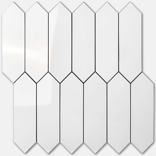 Vamos Tile Glossy White Backsplash Tile Peel and Stick, 12.8 x 12.8 Inch 10 Sheets Long Hexagon PVC Self Adhesive Mosaic Wall Tiles Stick on Backsplash for Kitchen and Bathroom - Image 1