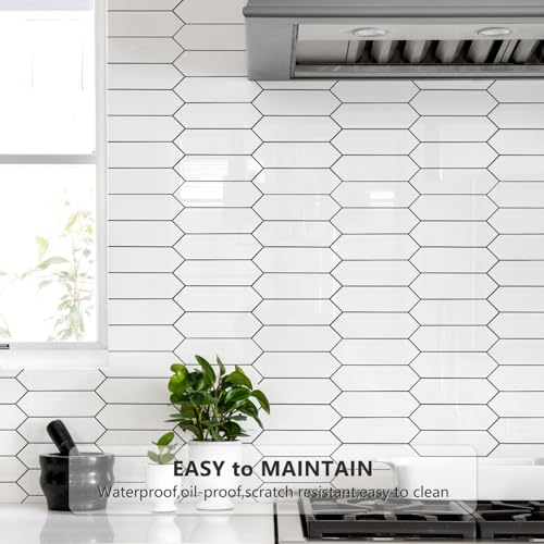 Vamos Tile Glossy White Backsplash Tile Peel and Stick, 12.8 x 12.8 Inch 10 Sheets Long Hexagon PVC Self Adhesive Mosaic Wall Tiles Stick on Backsplash for Kitchen and Bathroom - Image 2