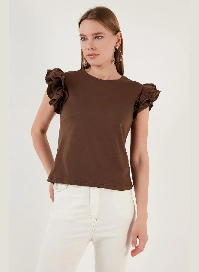 Lela Lela Cotton Slim Fit Crew Neck T-Shirt with Ruffled Sleeves Women's T-Shirt 5864500