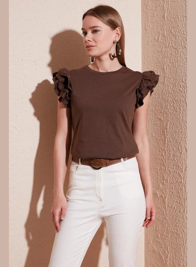 Lela Lela Cotton Slim Fit Crew Neck T-Shirt with Ruffled Sleeves Women's T-Shirt 5864500