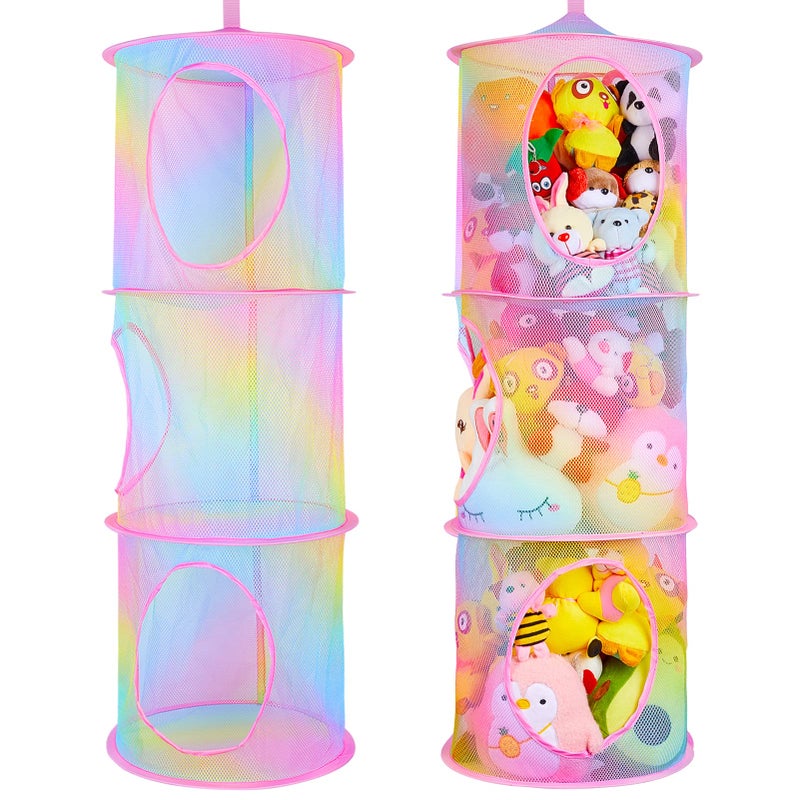 Basumee Stuffed Animals Net or Hammock 2 Pcs Stuffed Animals Storage Toy Net Hammock for Plushies Storage Organizer Mesh Kids Girls Room Decor Rainbow 3 Tiers