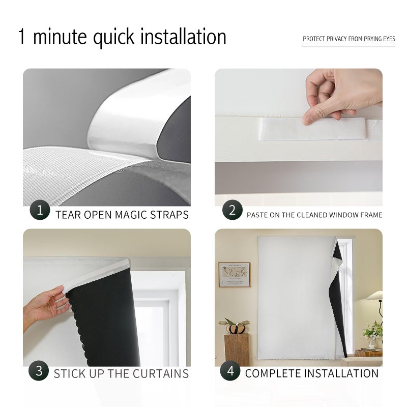 JILRON Magic Tape Stick on Portable Curtains for Windows,Bedroom Blackout Curtains for - Thermal Lnsulated No Drill Curtains Room Darkening Black Small Drapes(1 Panels,35Wx48L inch-White) - Image 4