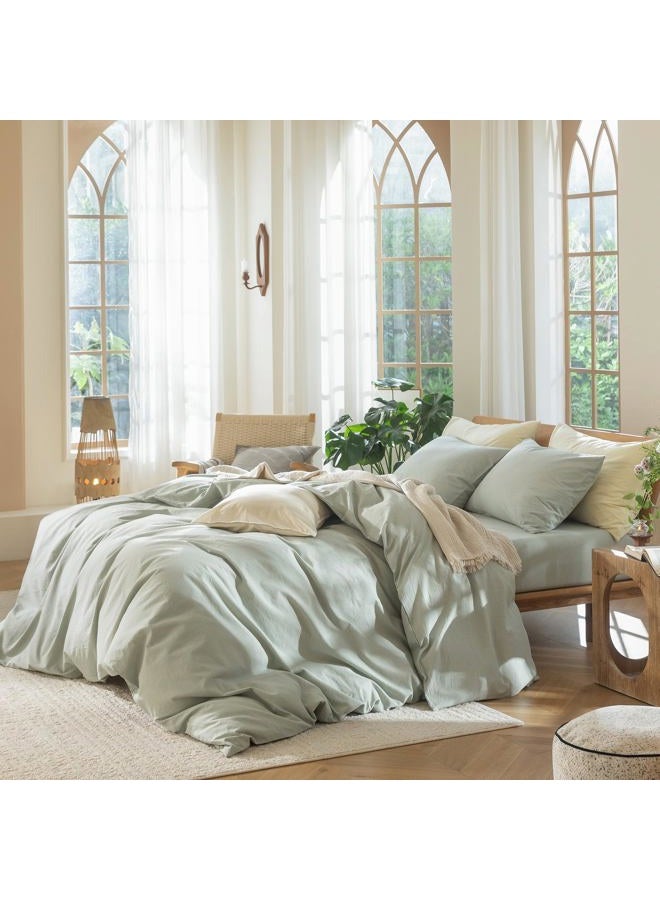 MooMee Bedding Duvet Cover Set 100% Washed Cotton Linen Like Textured Breathable Durable Soft Comfy (Sage Green, King) - Image 3