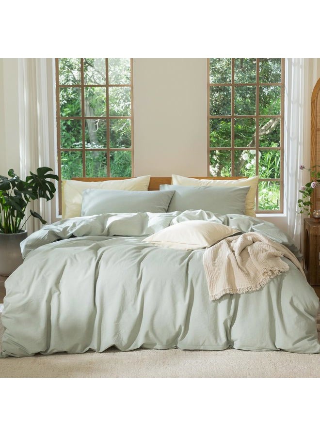 MooMee Bedding Duvet Cover Set 100% Washed Cotton Linen Like Textured Breathable Durable Soft Comfy (Sage Green, King) - Image 1