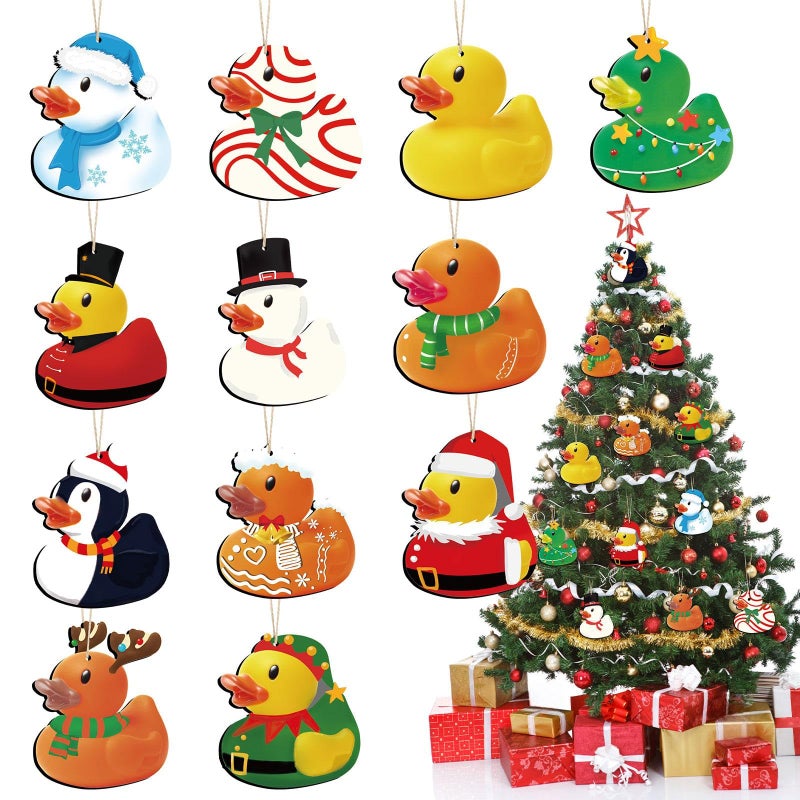 Amyhill 48 Pcs Christmas Wooden Duck Ornament Holiday Duck Tree Xmas Hanging Ornament Santa Snowman Christmas Characters Duckies for Xmas Tree Party Themed Decoration - Image 2