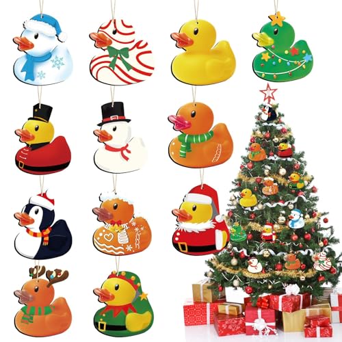 Amyhill 48 Pcs Christmas Wooden Duck Ornament Holiday Duck Tree Xmas Hanging Ornament Santa Snowman Christmas Characters Duckies for Xmas Tree Party Themed Decoration - Image 1