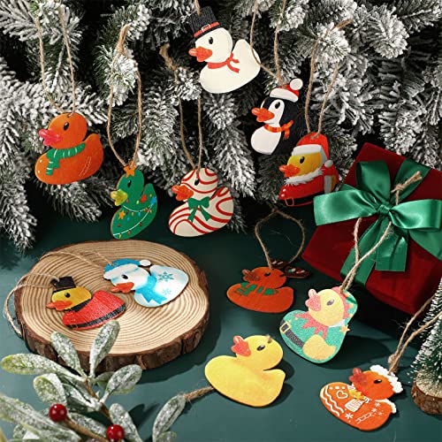 Amyhill 48 Pcs Christmas Wooden Duck Ornament Holiday Duck Tree Xmas Hanging Ornament Santa Snowman Christmas Characters Duckies for Xmas Tree Party Themed Decoration - Image 3