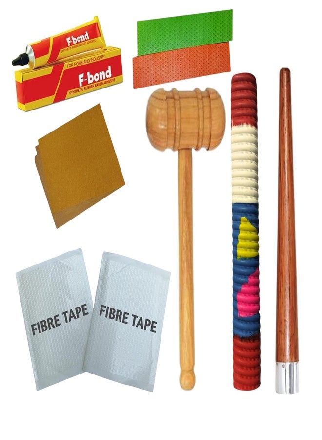 Cricket Bat Repair Kit Combo | Wooden Knocking Mallet, Bat Grip, Fibre Tape, Scuff Sheet, Sandpaper & Adhesive | Complete Bat Care & Maintenance Kit for English & Kashmir Willow Bats - Image 1