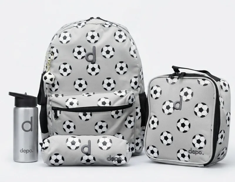 Depo DEPO Grey Soccer Ball Print 4-Piece School Backpack Set – 44cm Backpack, Insulated Lunch Bag, Pencil Case & 500ml BPA-Free Water Bottle | Lightweight & Water-Resistant