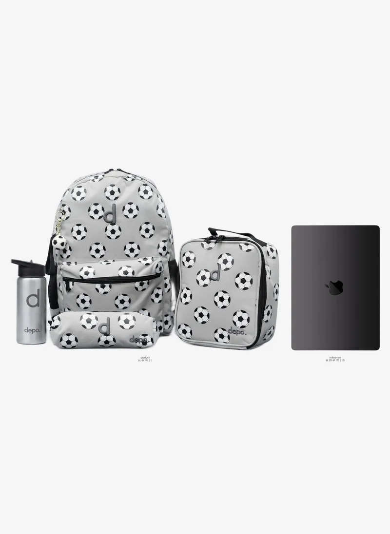 Depo DEPO Grey Soccer Ball Print 4-Piece School Backpack Set – 44cm Backpack, Insulated Lunch Bag, Pencil Case & 500ml BPA-Free Water Bottle | Lightweight & Water-Resistant