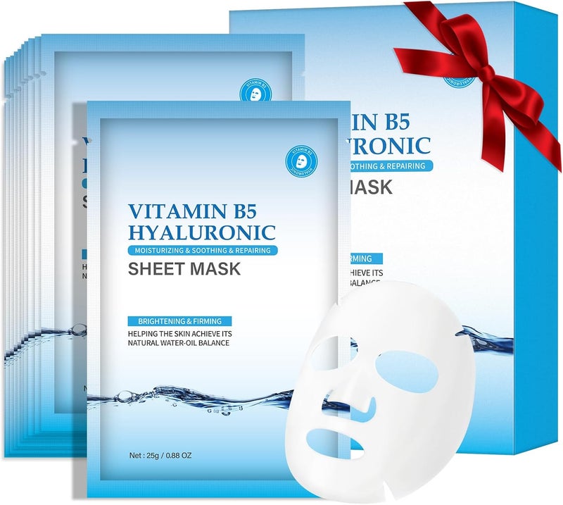 Pack of 10 Hyaluronic Acid Face Masks Skincare with Vitamin B5 Daily Care Face Sheet Mask Hydrating Moisturizing Facial Mask Beauty Face Mask for All Skin