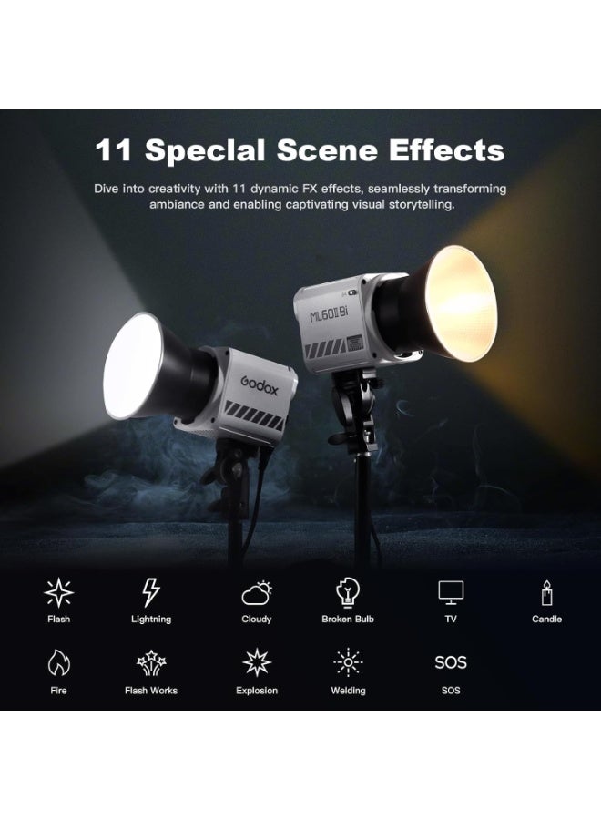 Godox ML60II Bi 70W Bi Color LED Video Light 2800K-6500K Dimmable COB Studio Light CRI 96 Wireless Control with 11 Lighting Effects for Photography Video and Live Streaming - Image 2