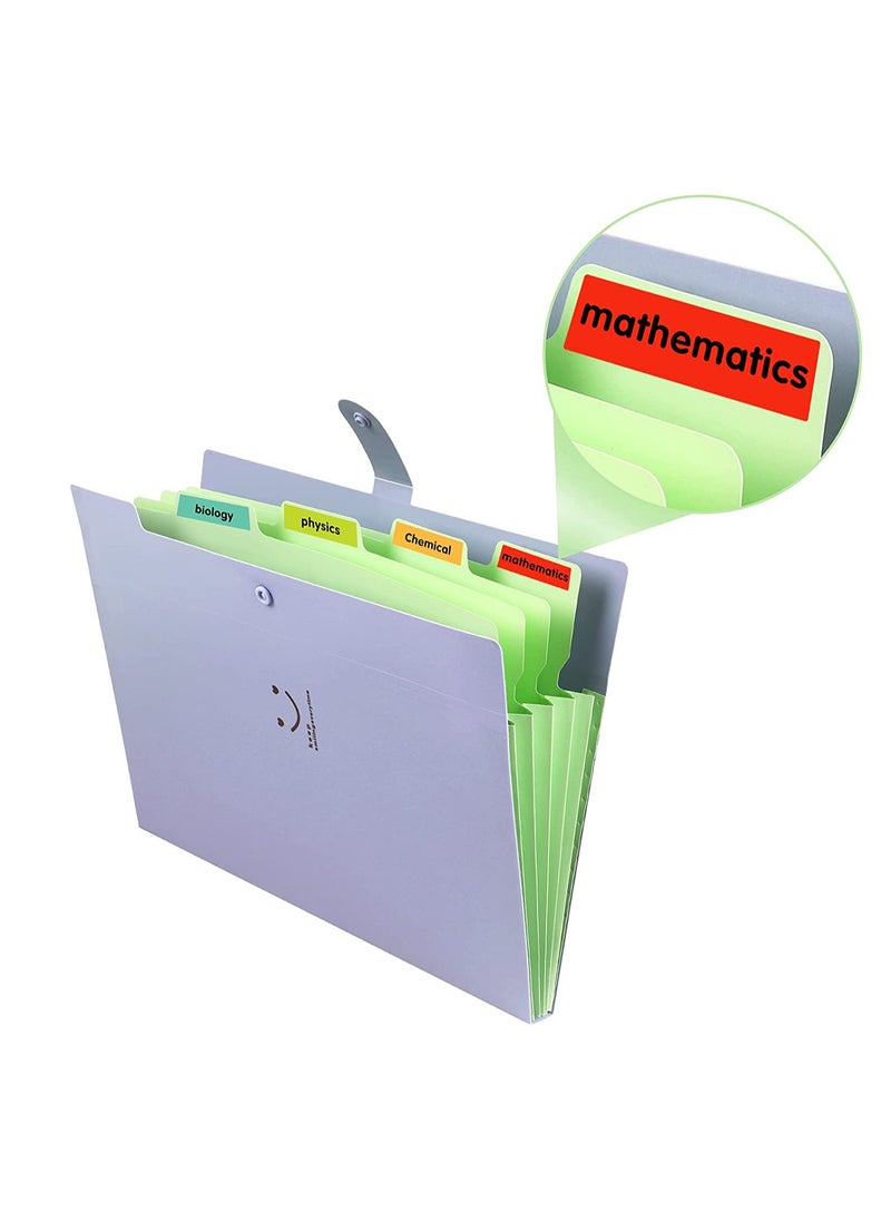 KASTWAVE - Expanding File Folders, 2 Pack Plastic Letter A4 Paper Paper Organizer Folder with Labels with Snap Closure, Cute Folders with 5 Pockets for School Home Work Office (Green & Purple) - Image 1