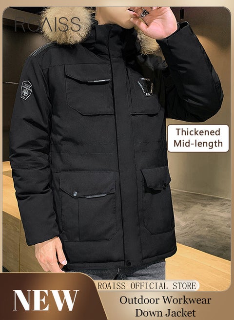 Unisex Down Jacket Couple Outdoor Workwear Style Down Jacket Thickened Inner Hooded Zipper Down Jacket Hooded Fur Collar Down Jacket Windproof and Warm