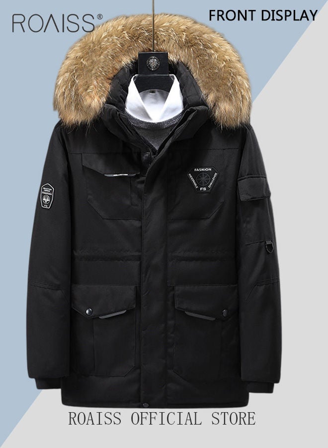 Unisex Down Jacket Couple Outdoor Workwear Style Down Jacket Thickened Inner Hooded Zipper Down Jacket Hooded Fur Collar Down Jacket Windproof and Warm