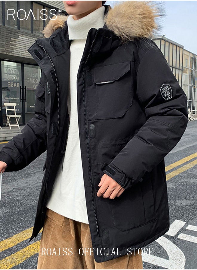 roaiss Unisex Down Jacket Couple Outdoor Workwear Style Down Jacket Thickened Inner Hooded Zipper Down Jacket Hooded Fur Collar Down Jacket Windproof and Warm  - Image 2