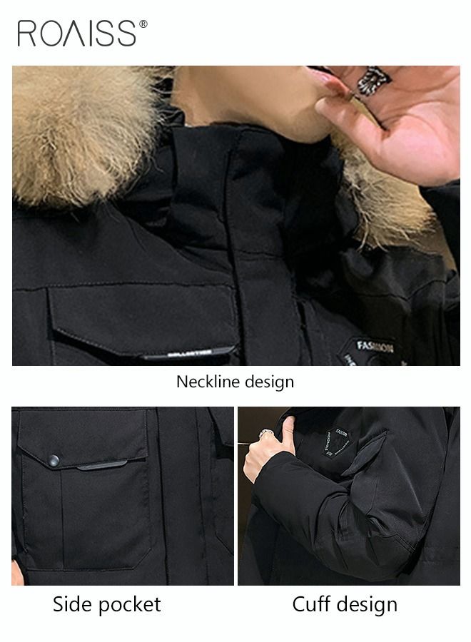 Unisex Down Jacket Couple Outdoor Workwear Style Down Jacket Thickened Inner Hooded Zipper Down Jacket Hooded Fur Collar Down Jacket Windproof and Warm