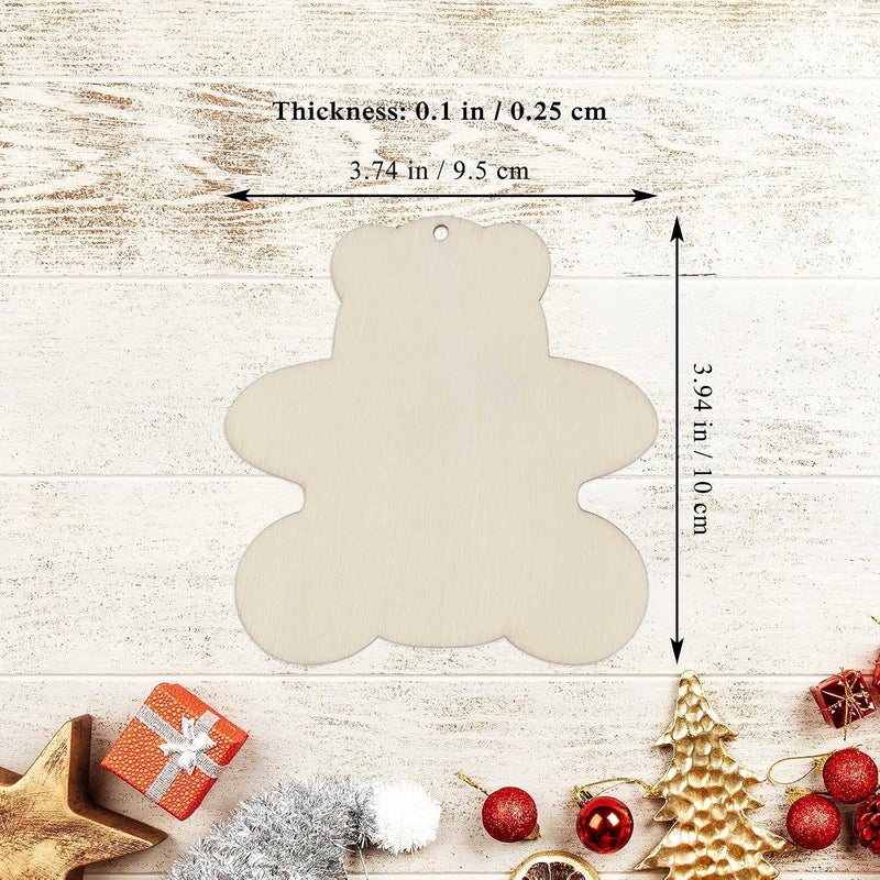 Creaides 20pcs Bear Wood DIY Crafts Cutouts Blank Wooden Bear Shaped Hanging Ornaments with Hole Hemp Ropes Wood Tags for Halloween Thanksgiving Christmas Party Decorations - Image 2
