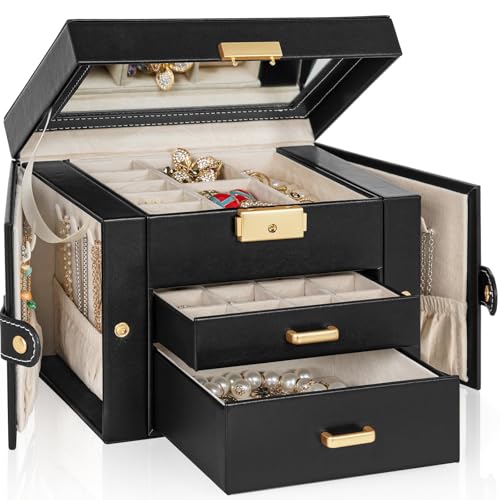TORIBIO Jewelry Box for Women, Leather Jewelry Organizer with Mirror & Lock, 3-Tier Jewelry Storage Organizer with 2 Drawers for Girls/Women/Mothers, Necklace Earring Bracelets Holder Organizer - Image 1