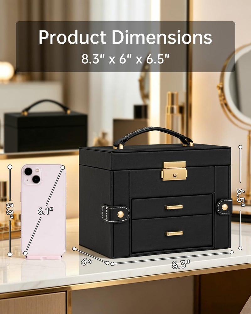 TORIBIO Jewelry Box for Women, Leather Jewelry Organizer with Mirror & Lock, 3-Tier Jewelry Storage Organizer with 2 Drawers for Girls/Women/Mothers, Necklace Earring Bracelets Holder Organizer - Image 2