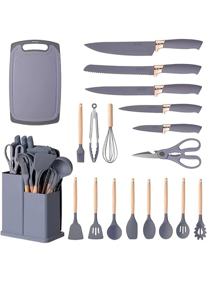 Kitchen Utensils and Knife Set, 19-Piece Silicone Cooking Tools with Storage Block, Premium Stainless Steel Knives, Grey - Image 2