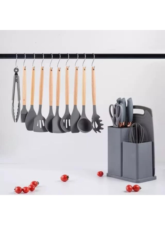 Kitchen Utensils and Knife Set, 19-Piece Silicone Cooking Tools with Storage Block, Premium Stainless Steel Knives, Grey - Image 4
