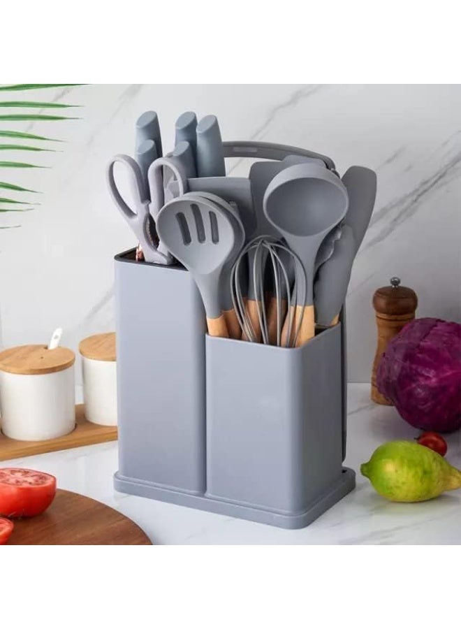 Kitchen Utensils and Knife Set, 19-Piece Silicone Cooking Tools with Storage Block, Premium Stainless Steel Knives, Grey - Image 1
