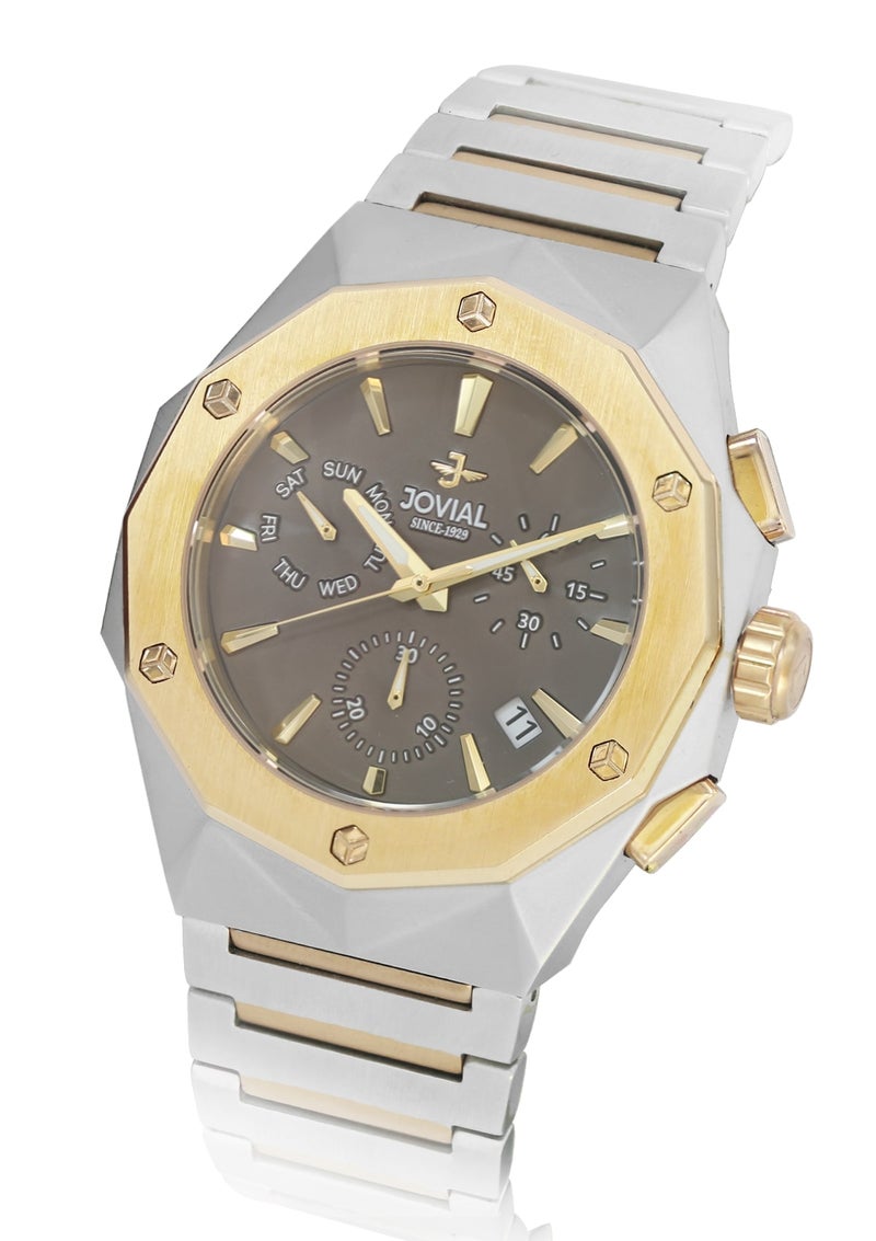 JOVIAL 1505GTMC02E  Stainless Steel Two-Tone Men's Watch, Bold Geometric Design, Grey Dial, Multifunction Movement, 45MM - Image 2