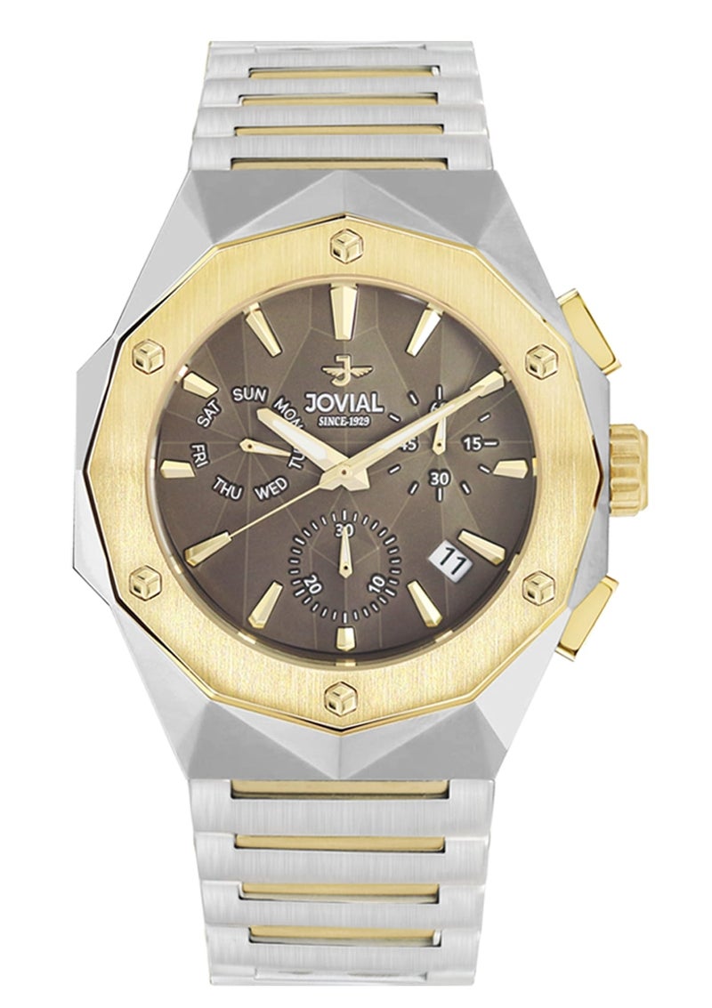 JOVIAL 1505GTMC02E  Stainless Steel Two-Tone Men's Watch, Bold Geometric Design, Grey Dial, Multifunction Movement, 45MM - Image 1