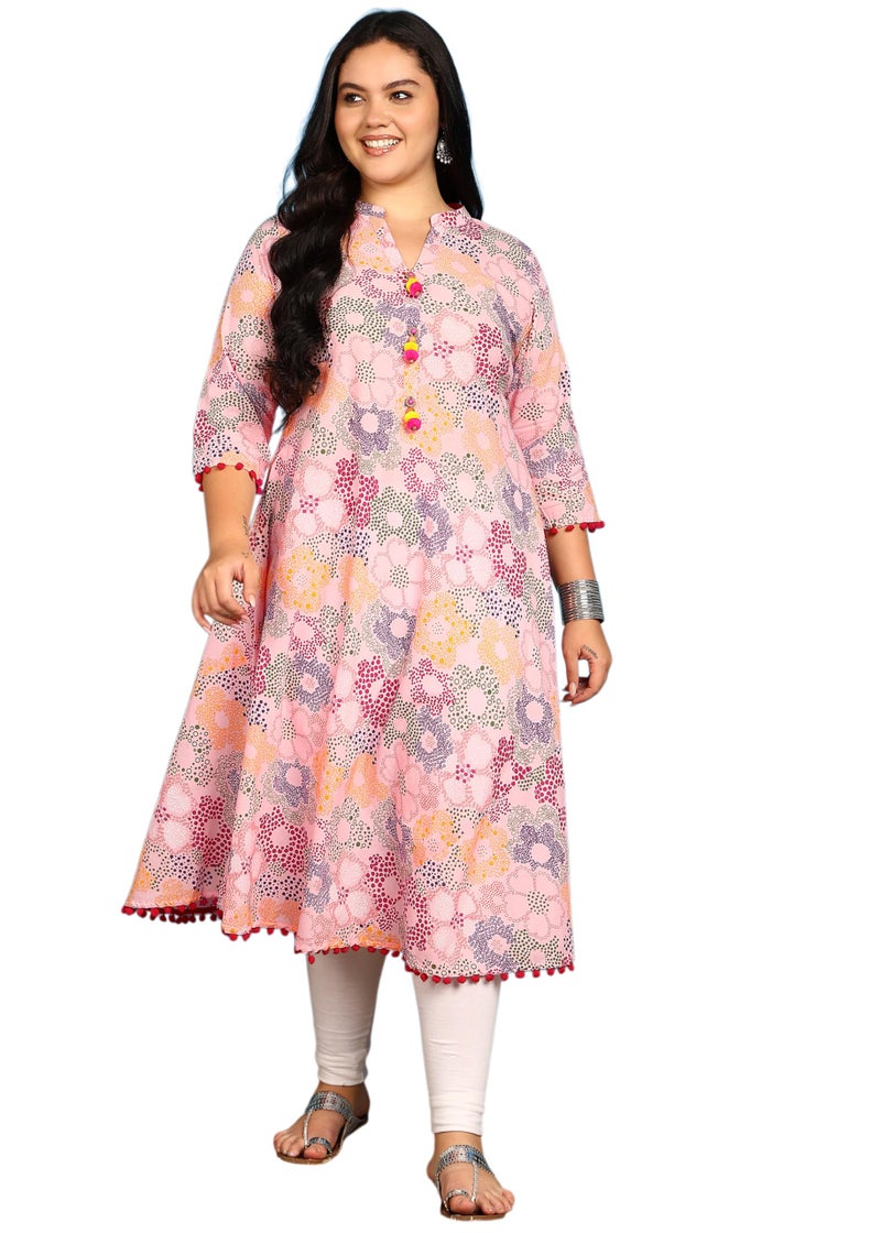 Yash Gallery Women’s Cotton Printed A-Line Kurta Mandarin Collar V-Neck, 3/4 Sleeves (Pink) - Image 1