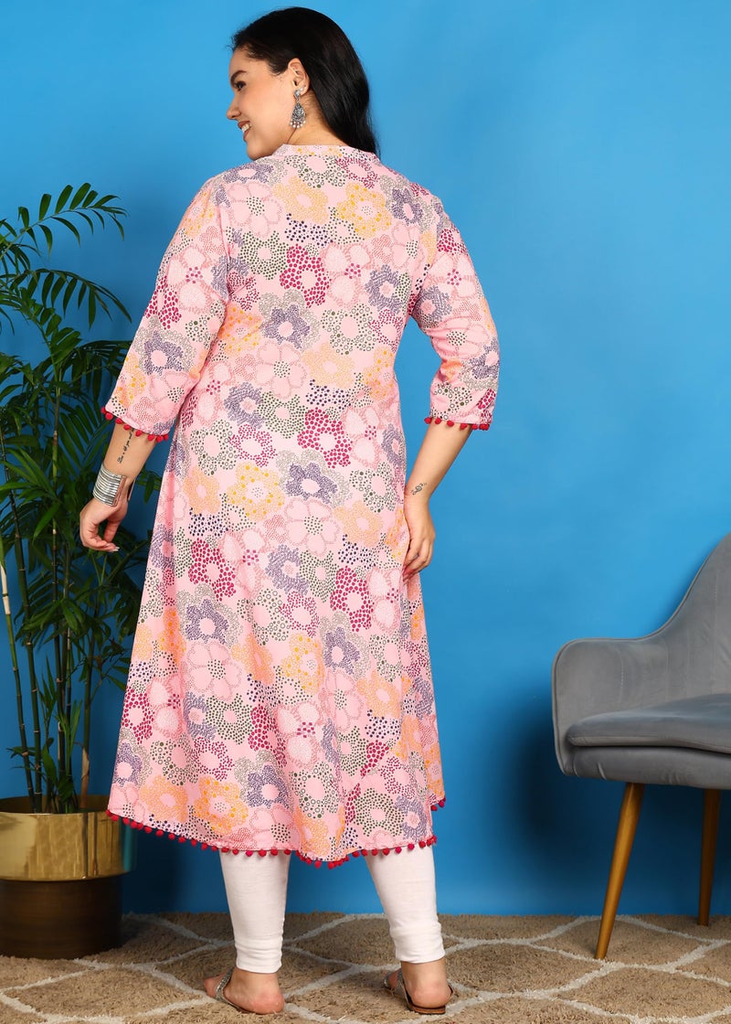 Yash Gallery Women’s Cotton Printed A-Line Kurta Mandarin Collar V-Neck, 3/4 Sleeves (Pink) - Image 5