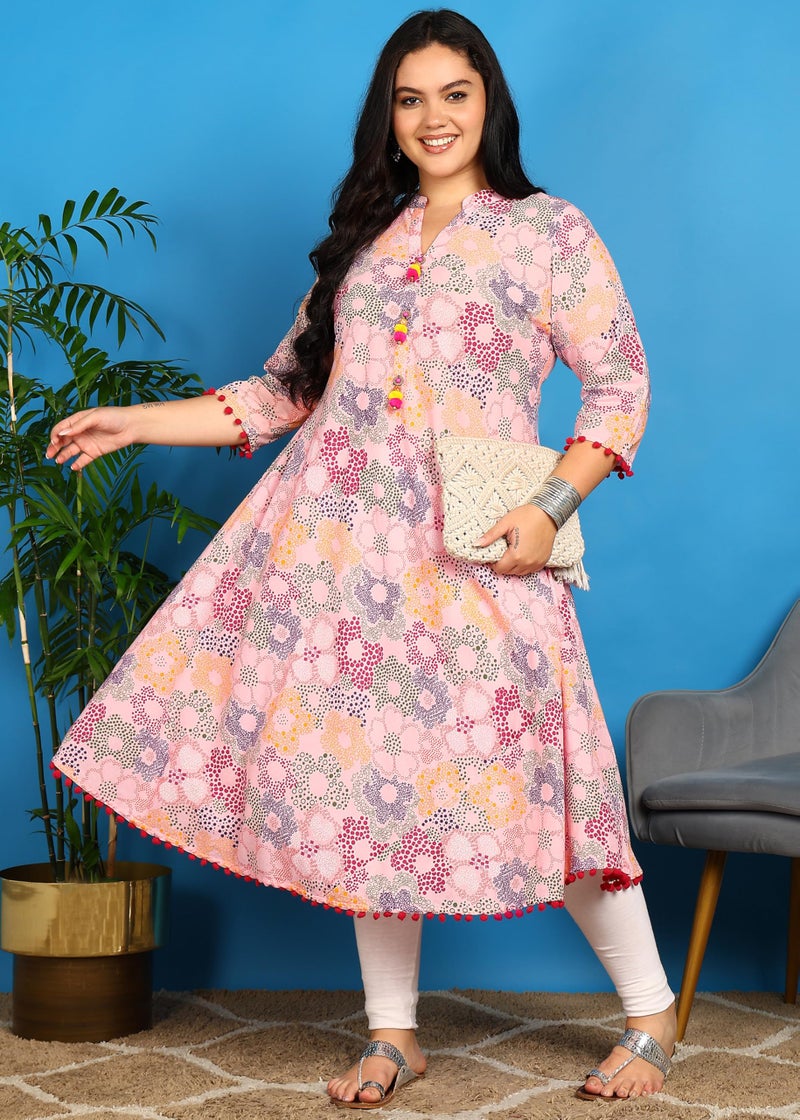 Yash Gallery Women’s Cotton Printed A-Line Kurta Mandarin Collar V-Neck, 3/4 Sleeves (Pink) - Image 2