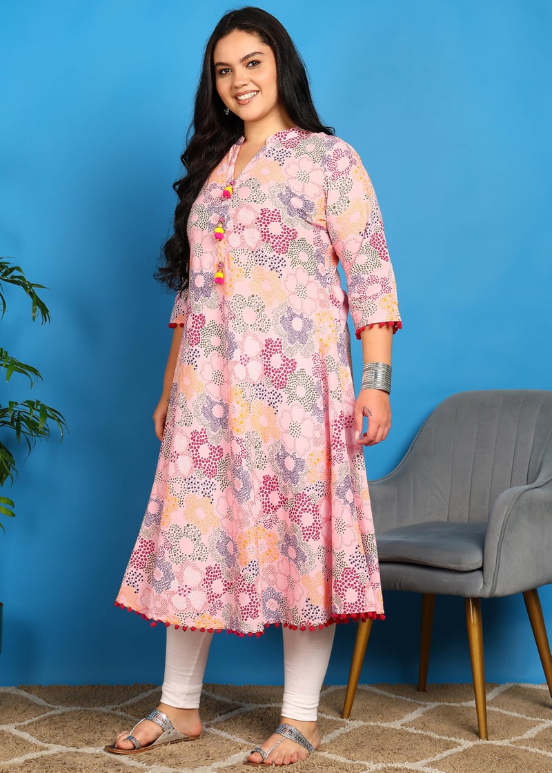 Yash Gallery Women’s Cotton Printed A-Line Kurta Mandarin Collar V-Neck, 3/4 Sleeves (Pink) - Image 3
