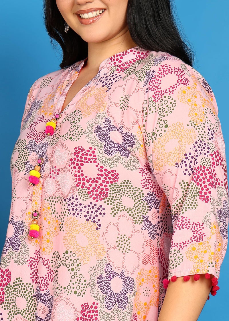 Yash Gallery Women’s Cotton Printed A-Line Kurta Mandarin Collar V-Neck, 3/4 Sleeves (Pink) - Image 4