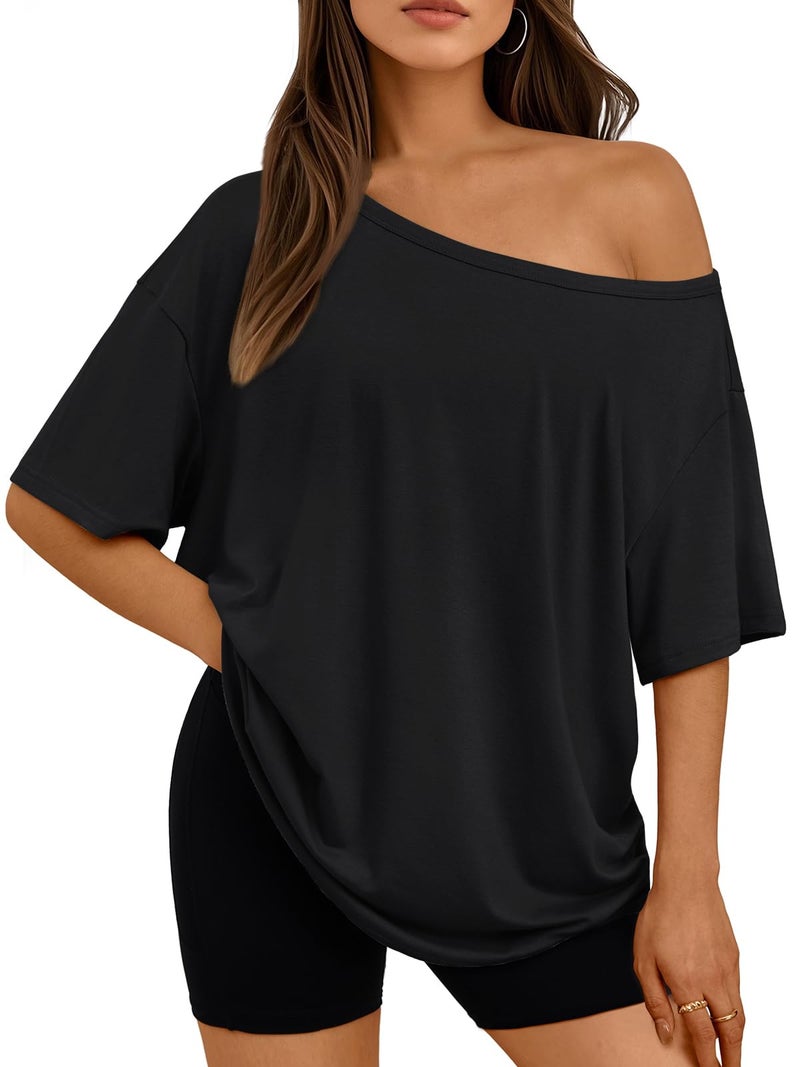LILLUSORY Off The Shoulder Tops Oversized Tshirts Short Sleeve Basic Tee 2026 Casual Trendy Cute Asymmetrical Summer Fashion Clothes Black 2XL - Image 1