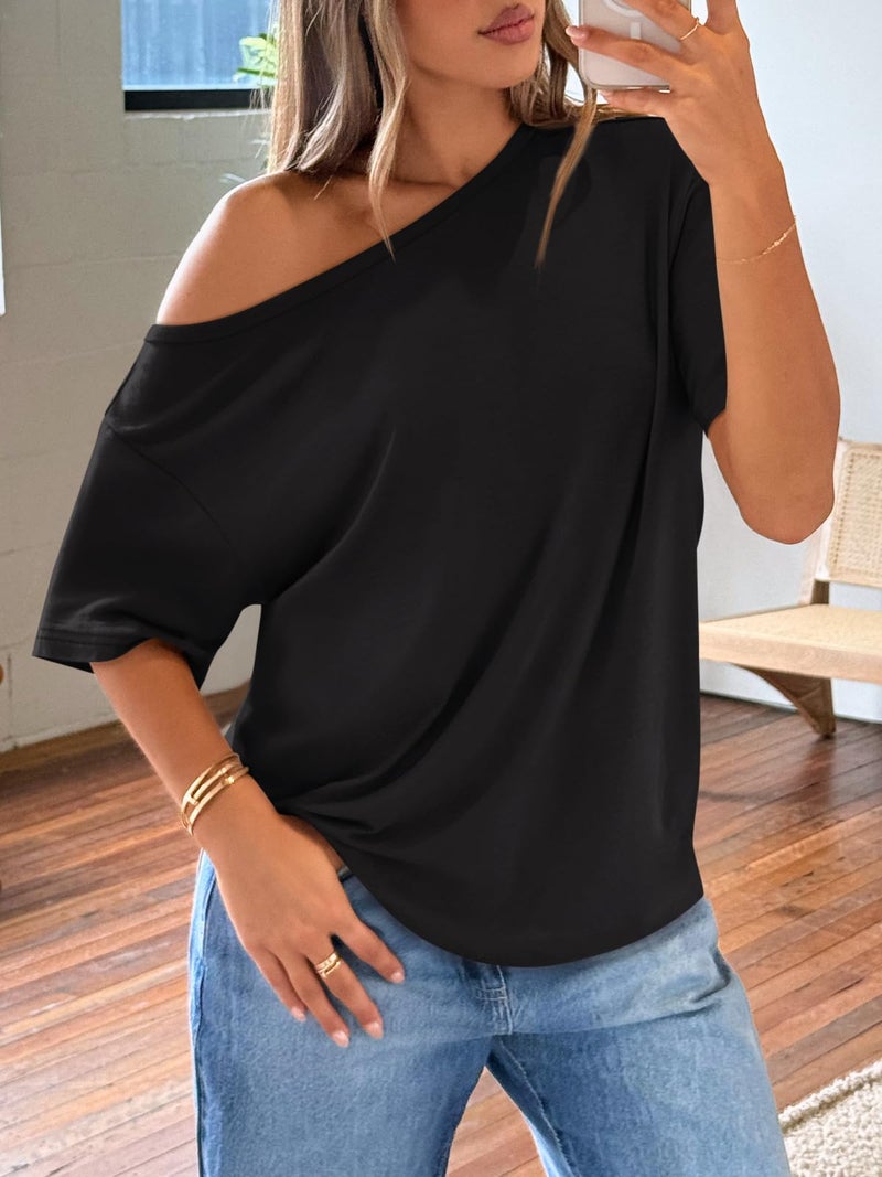 LILLUSORY Off The Shoulder Tops Oversized Tshirts Short Sleeve Basic Tee 2026 Casual Trendy Cute Asymmetrical Summer Fashion Clothes Black 2XL - Image 3