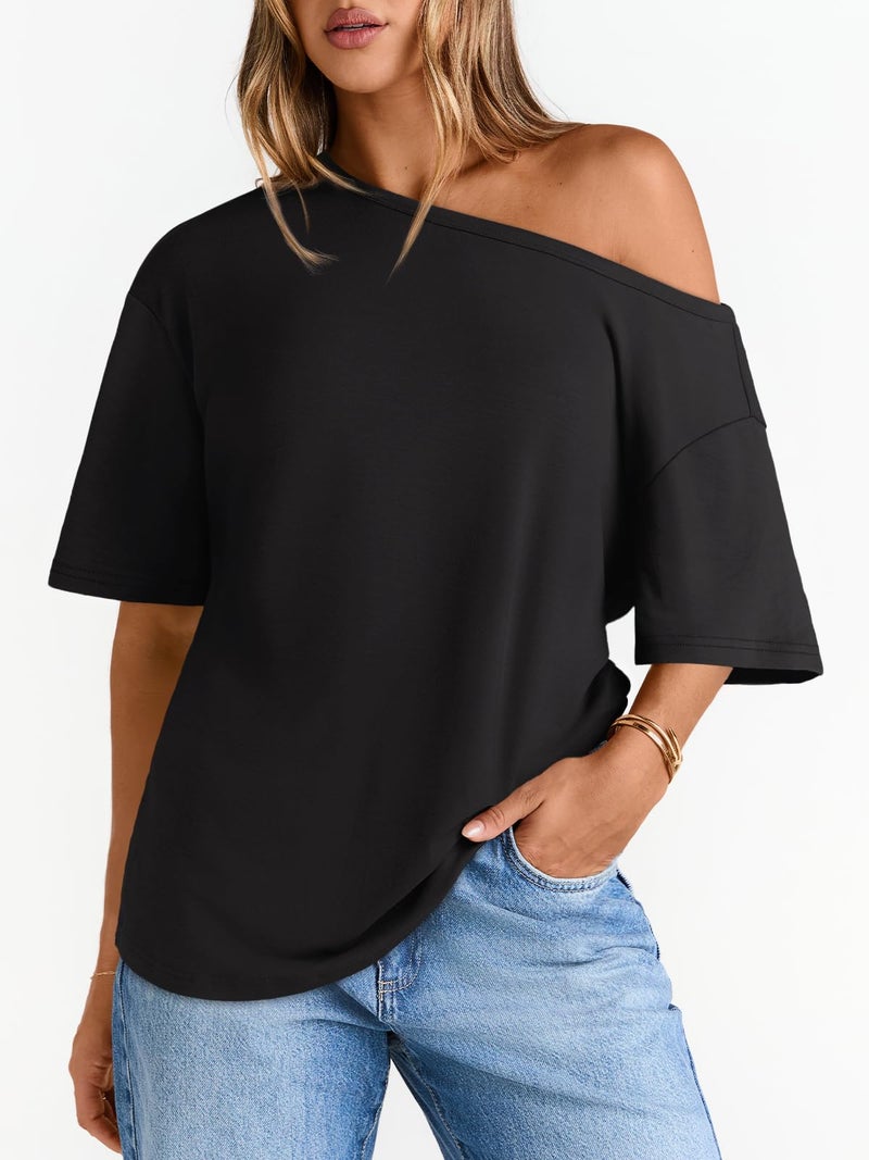 LILLUSORY Off The Shoulder Tops Oversized Tshirts Short Sleeve Basic Tee 2026 Casual Trendy Cute Asymmetrical Summer Fashion Clothes Black 2XL - Image 4