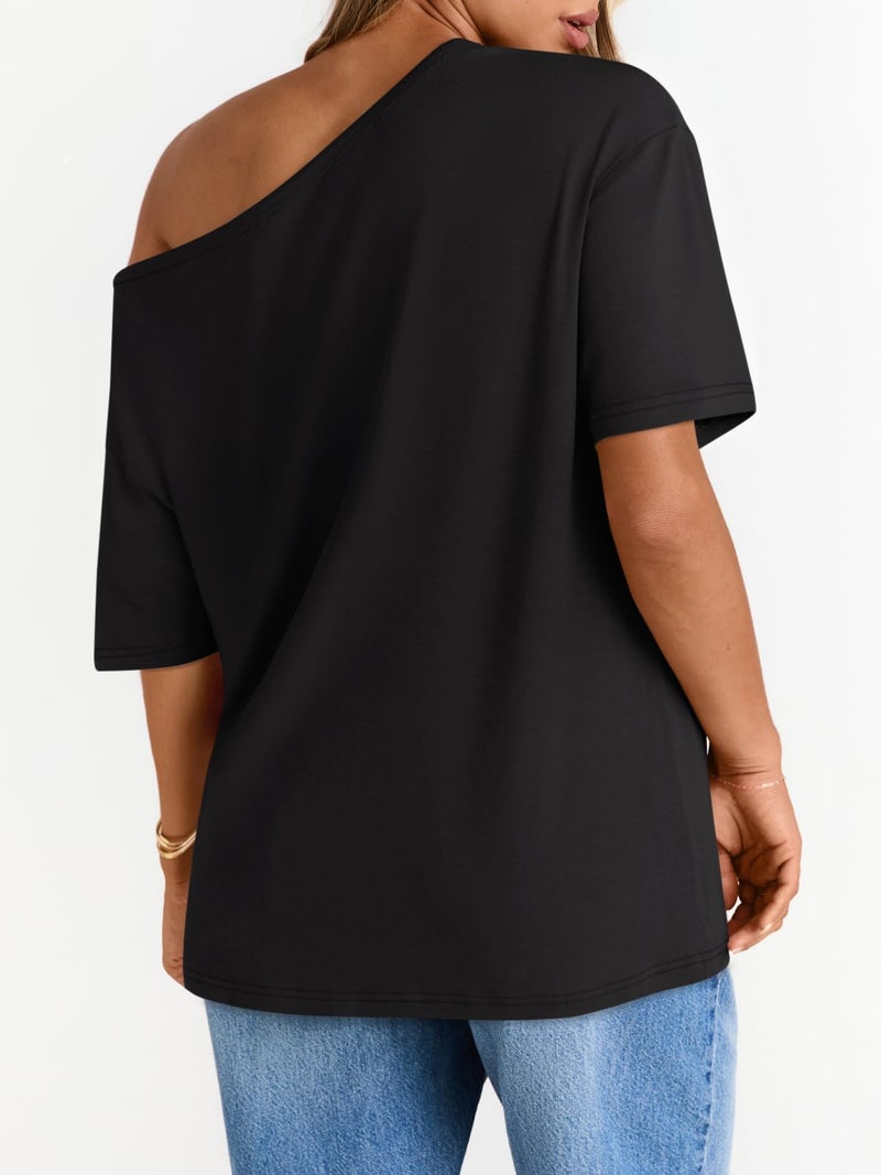 LILLUSORY Off The Shoulder Tops Oversized Tshirts Short Sleeve Basic Tee 2026 Casual Trendy Cute Asymmetrical Summer Fashion Clothes Black 2XL - Image 5