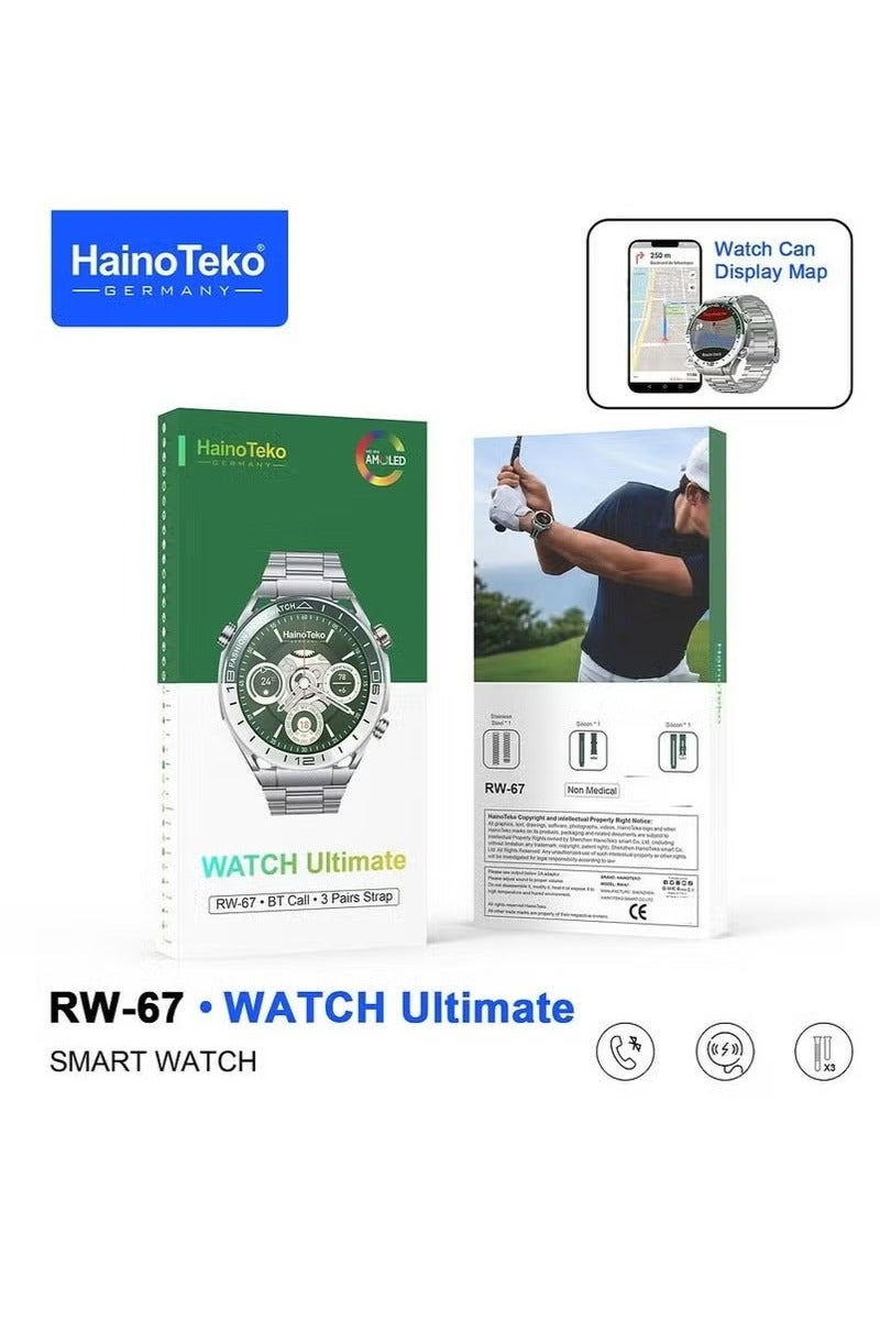 Haino Teko Haino Teko RW-67 Ultimate Smart Watch – AMOLED Display, GPS Navigation, 3 Interchangeable Straps, Magnetic Charging Cable – Premium Design - Image 2